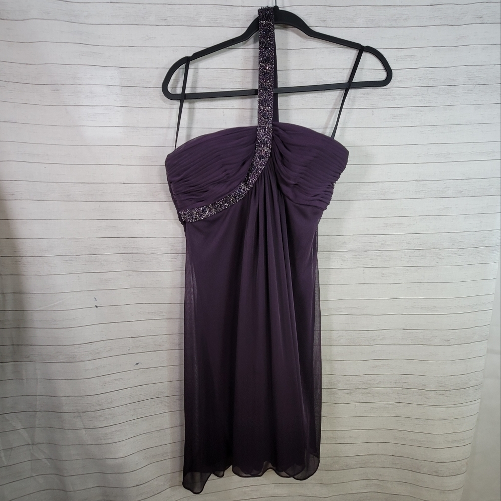 XSCAPE Plum Purple Beaded One-Shoulder Cocktail Dress, sz 10